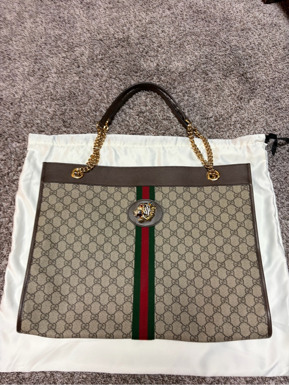 Gucci Beige GG Supreme Tote with Green and Red Web Stripe and Brown Trim